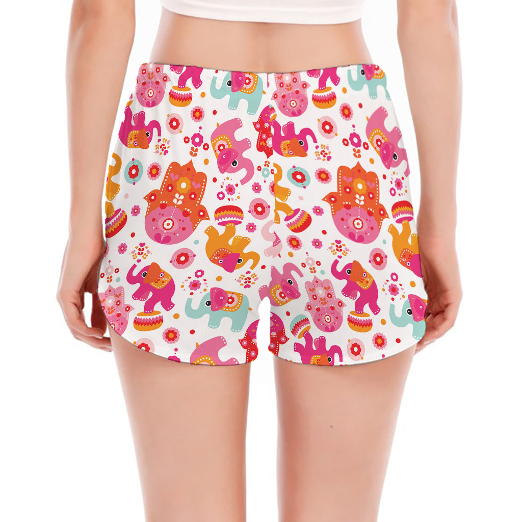 Girly Elephant And Hamsa Pattern Print Women's Split Running Shorts