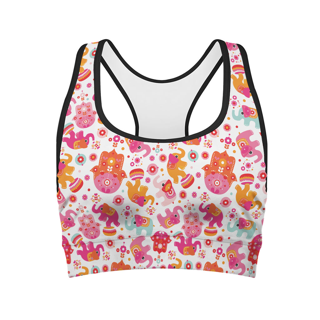 Girly Elephant And Hamsa Pattern Print Women's Sports Bra