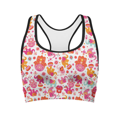 Girly Elephant And Hamsa Pattern Print Women's Sports Bra