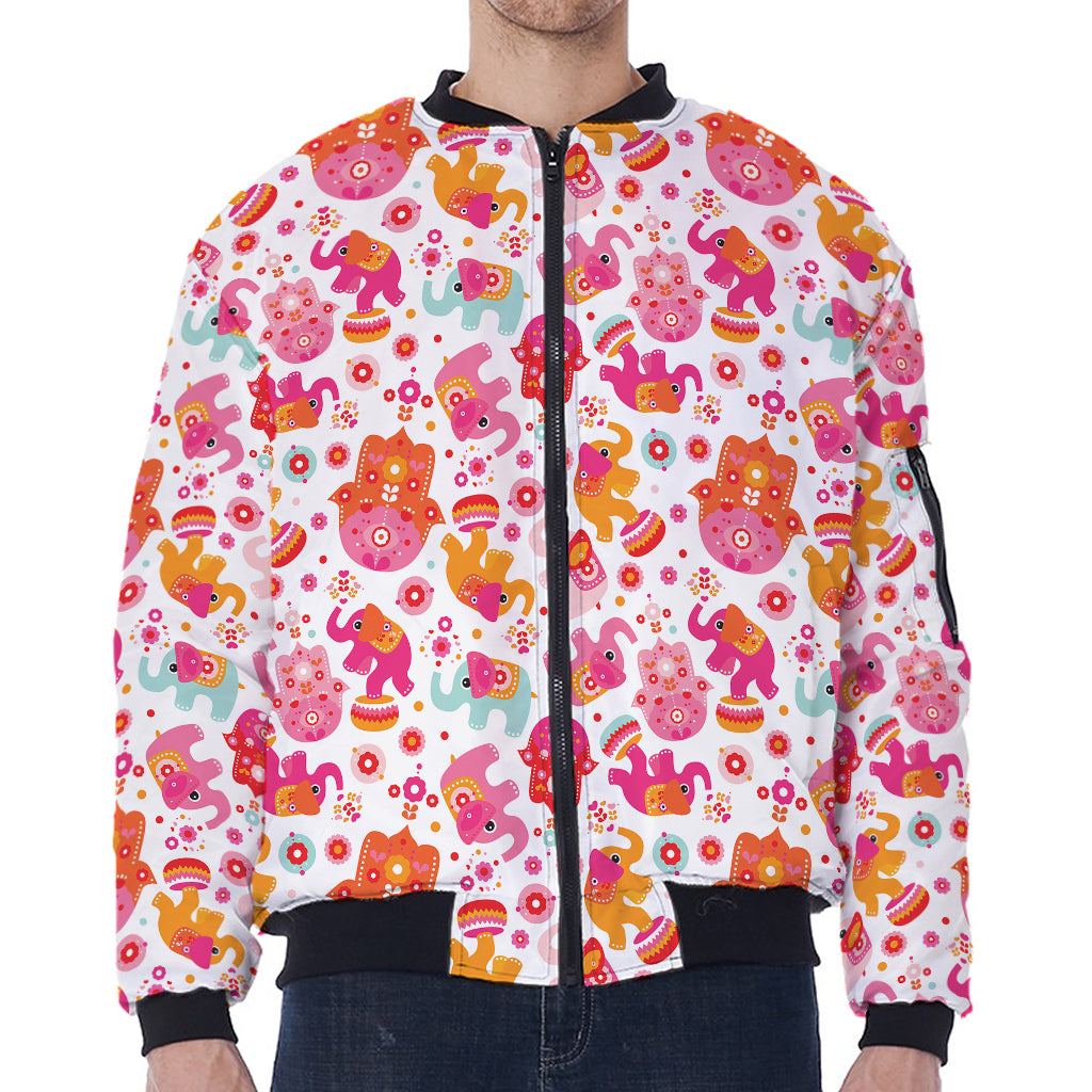 Girly Elephant And Hamsa Pattern Print Zip Sleeve Bomber Jacket
