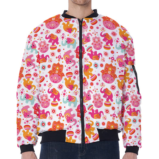 Girly Elephant And Hamsa Pattern Print Zip Sleeve Bomber Jacket