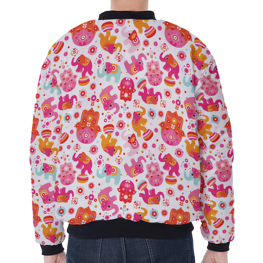 Girly Elephant And Hamsa Pattern Print Zip Sleeve Bomber Jacket