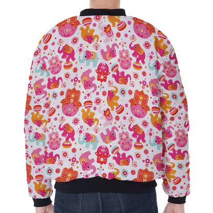Girly Elephant And Hamsa Pattern Print Zip Sleeve Bomber Jacket