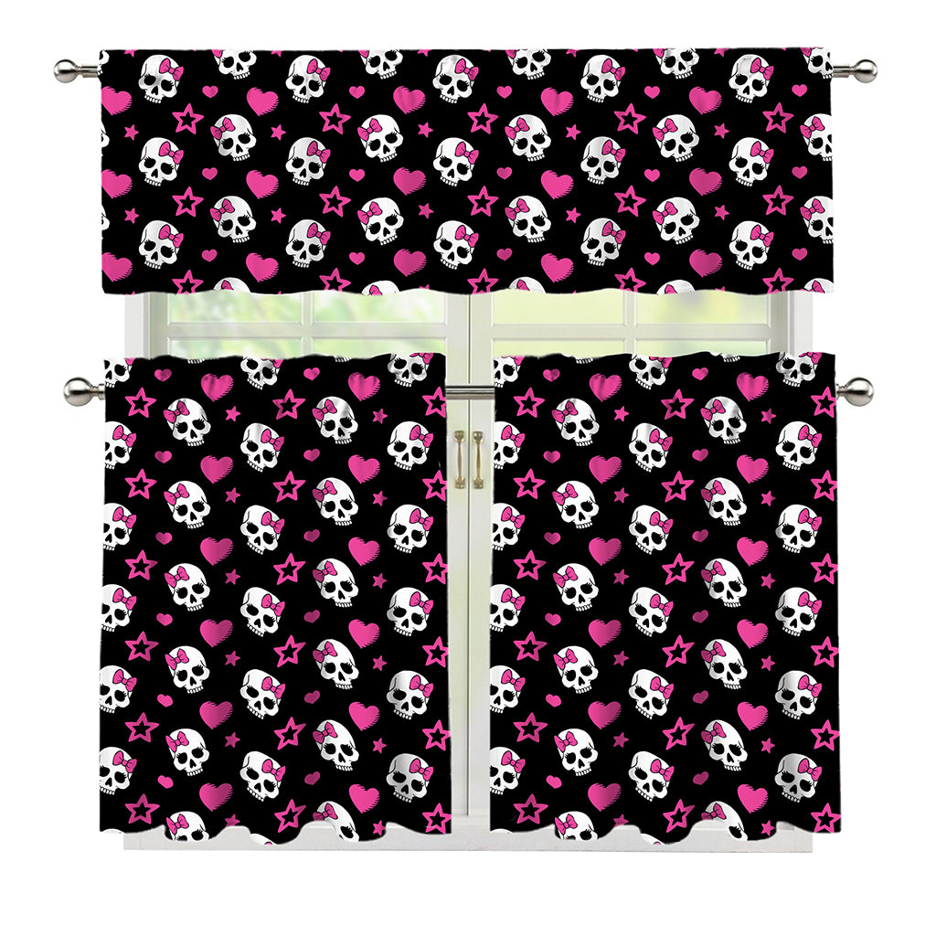 Girly Emo Skull Pattern Print 3 Piece Kitchen Curtains