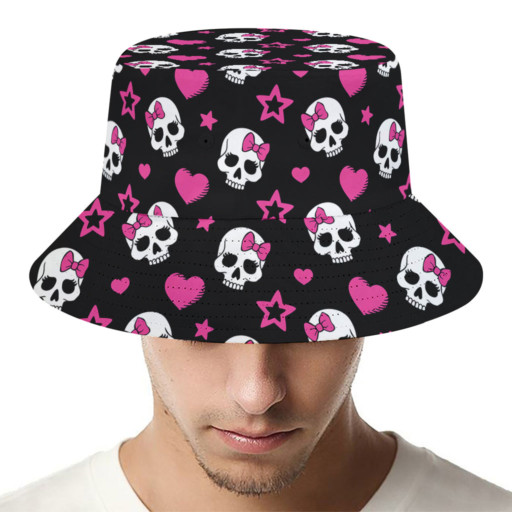 Girly Emo Skull Pattern Print Bucket Hat