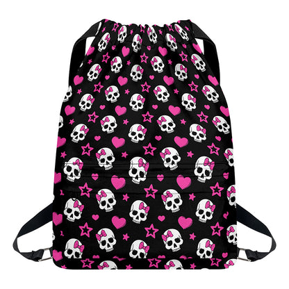 Girly Emo Skull Pattern Print Drawstring Backpack