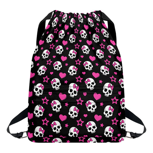 Girly Emo Skull Pattern Print Drawstring Backpack