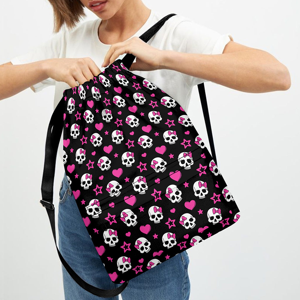 Girly Emo Skull Pattern Print Drawstring Backpack