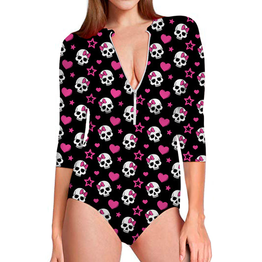 Girly Emo Skull Pattern Print Long Sleeve Swimsuit