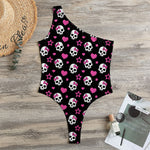 Girly Emo Skull Pattern Print One Shoulder Bodysuit