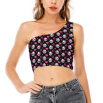 Girly Emo Skull Pattern Print One Shoulder Crop Top