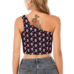 Girly Emo Skull Pattern Print One Shoulder Crop Top