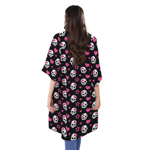 Girly Emo Skull Pattern Print Open Front Beach Cover Up