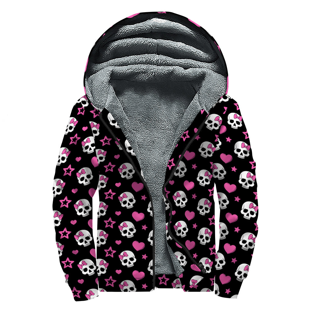 Girly Emo Skull Pattern Print Sherpa Lined Zip Up Hoodie