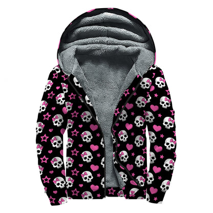 Girly Emo Skull Pattern Print Sherpa Lined Zip Up Hoodie