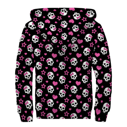 Girly Emo Skull Pattern Print Sherpa Lined Zip Up Hoodie