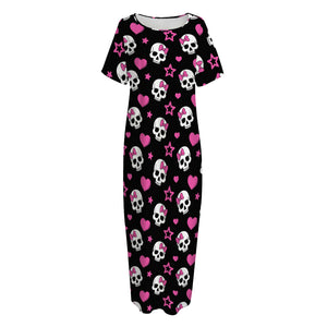 Girly Emo Skull Pattern Print Short Sleeve Long Nightdress