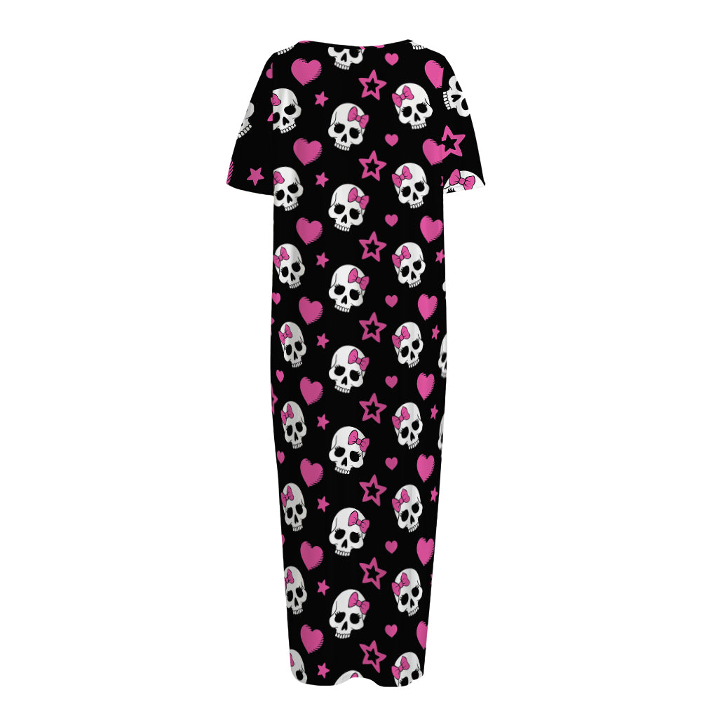 Girly Emo Skull Pattern Print Short Sleeve Long Nightdress