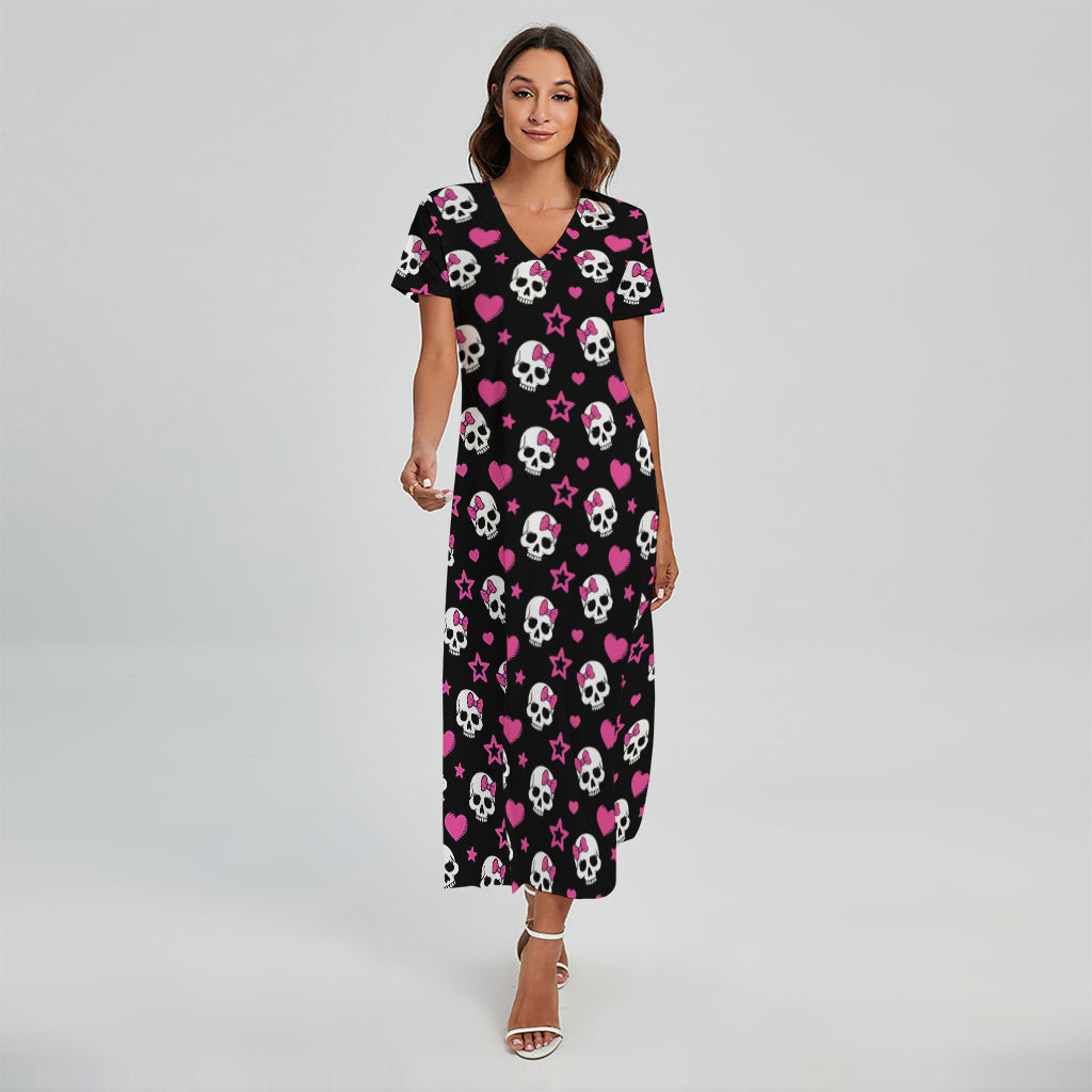 Girly Emo Skull Pattern Print Short Sleeve Maxi Dress