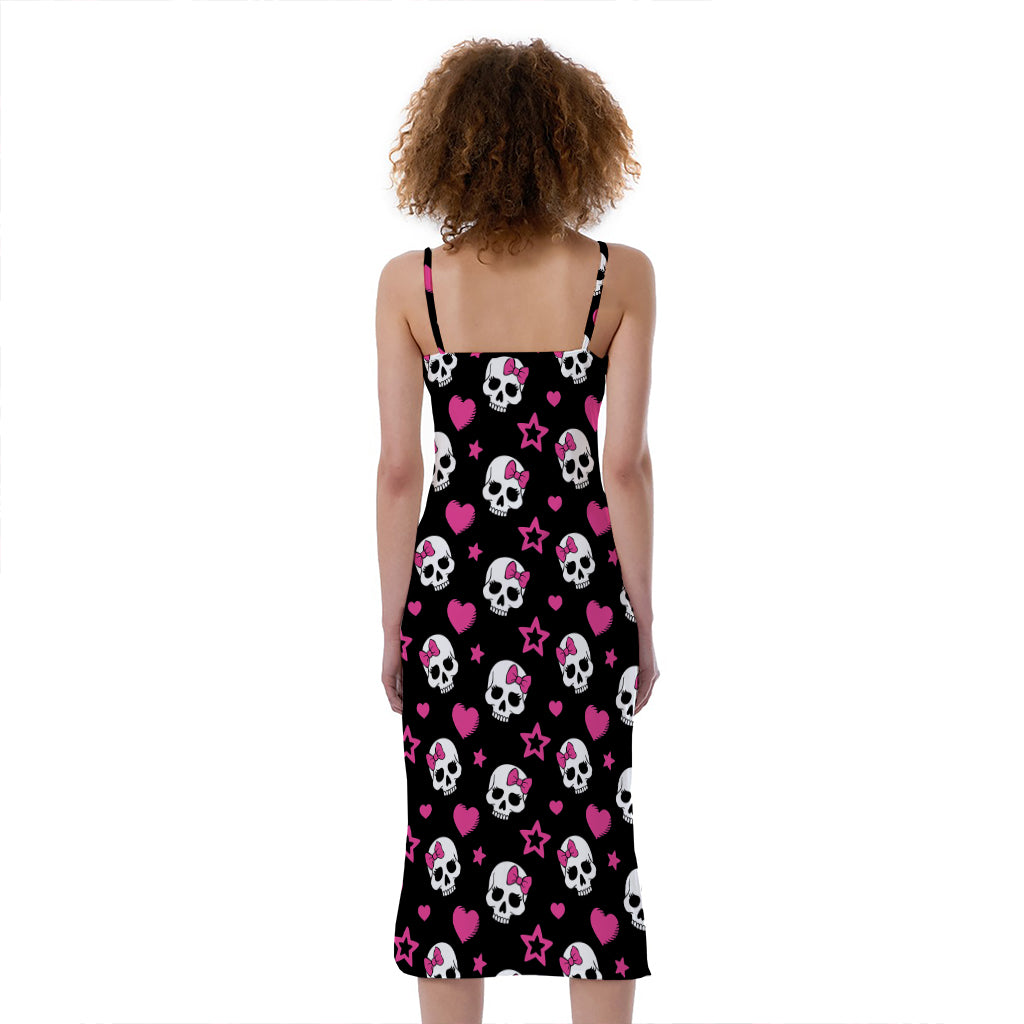 Girly Emo Skull Pattern Print Slim Fit Midi Cami Dress