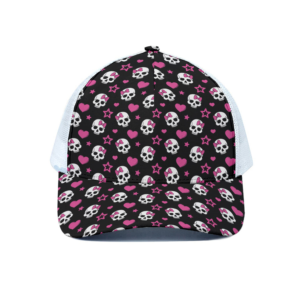 Girly Emo Skull Pattern Print White Mesh Trucker Cap
