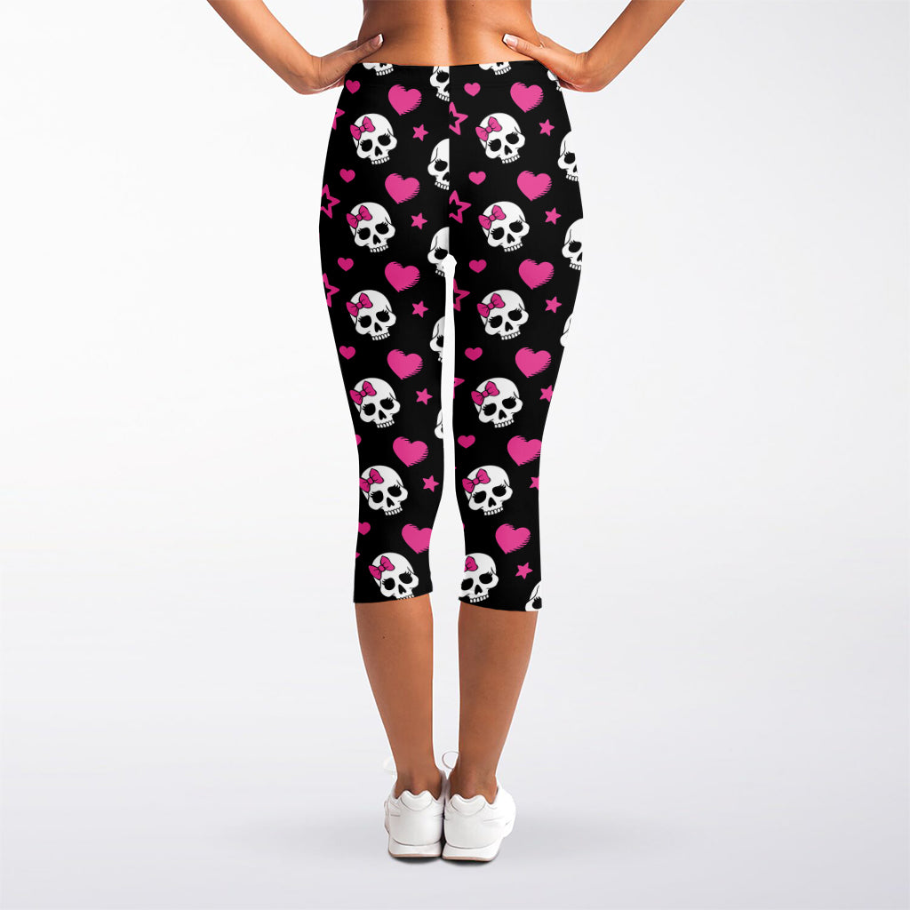 Girly Emo Skull Pattern Print Women's Capri Leggings
