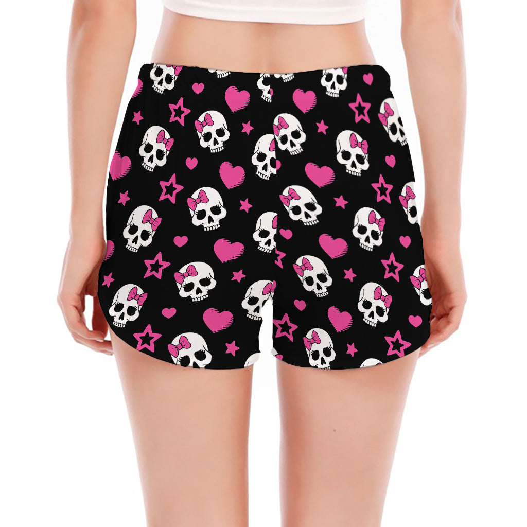 Girly Emo Skull Pattern Print Women's Split Running Shorts