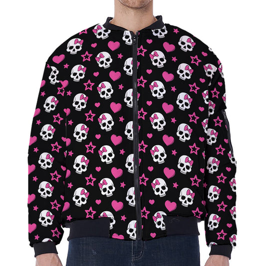Girly Emo Skull Pattern Print Zip Sleeve Bomber Jacket