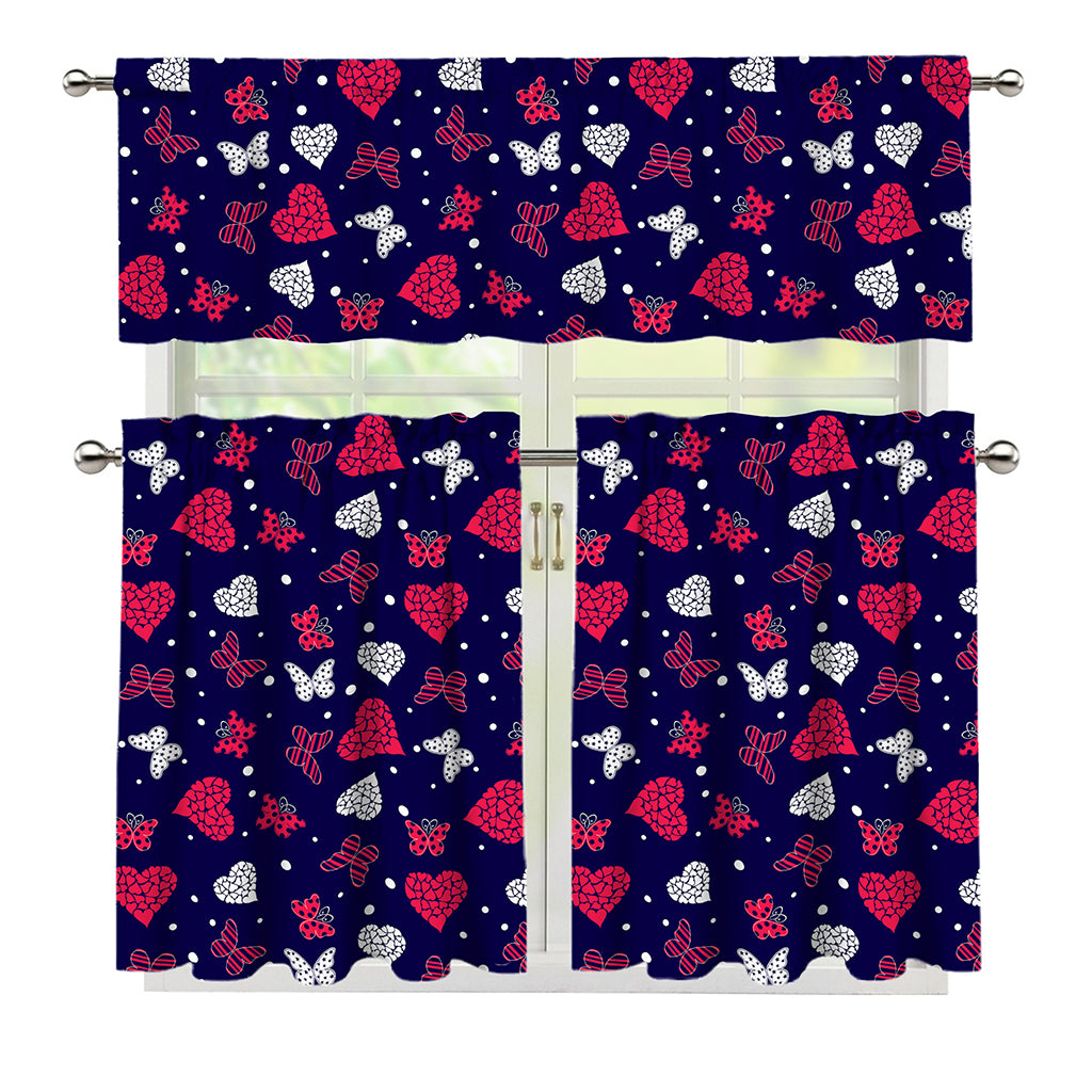 Girly Heart And Butterfly Pattern Print 3 Piece Kitchen Curtains