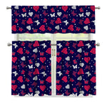 Girly Heart And Butterfly Pattern Print 3 Piece Kitchen Curtains