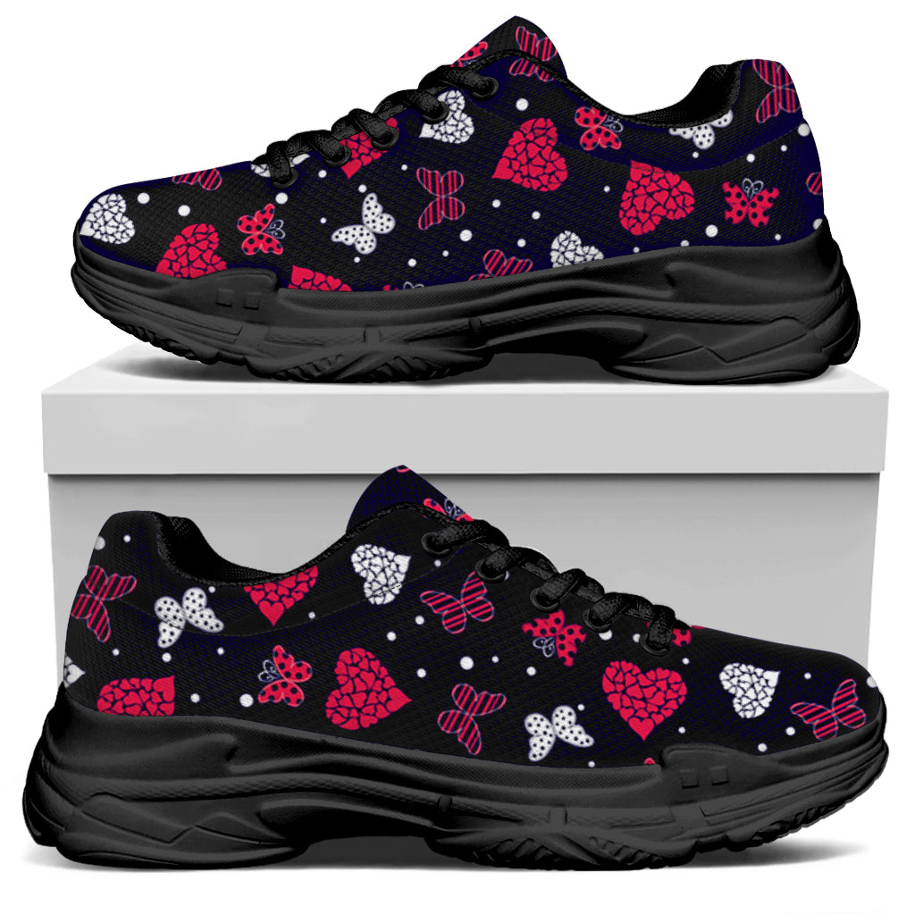 Girly Heart And Butterfly Pattern Print Black Chunky Shoes