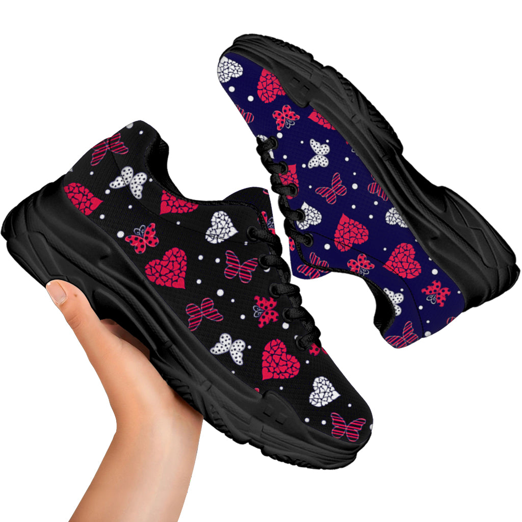 Girly Heart And Butterfly Pattern Print Black Chunky Shoes