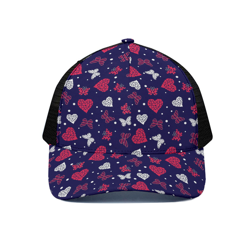 Girly Heart And Butterfly Pattern Print Black Mesh Trucker Cap