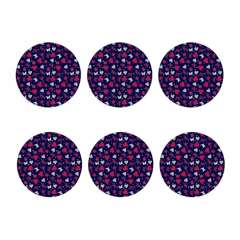Girly Heart And Butterfly Pattern Print Coaster Set