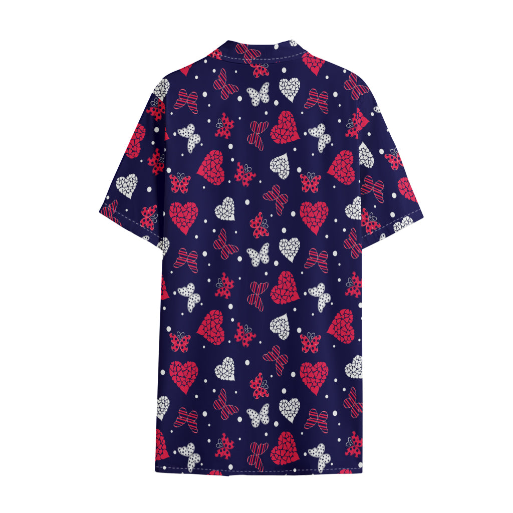 Girly Heart And Butterfly Pattern Print Cotton Hawaiian Shirt