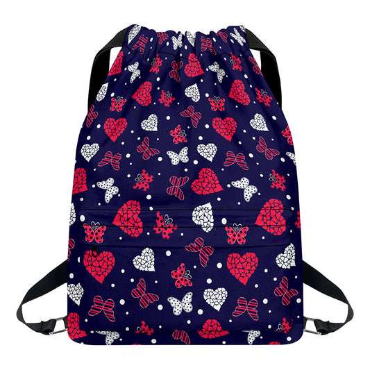 Girly Heart And Butterfly Pattern Print Drawstring Backpack