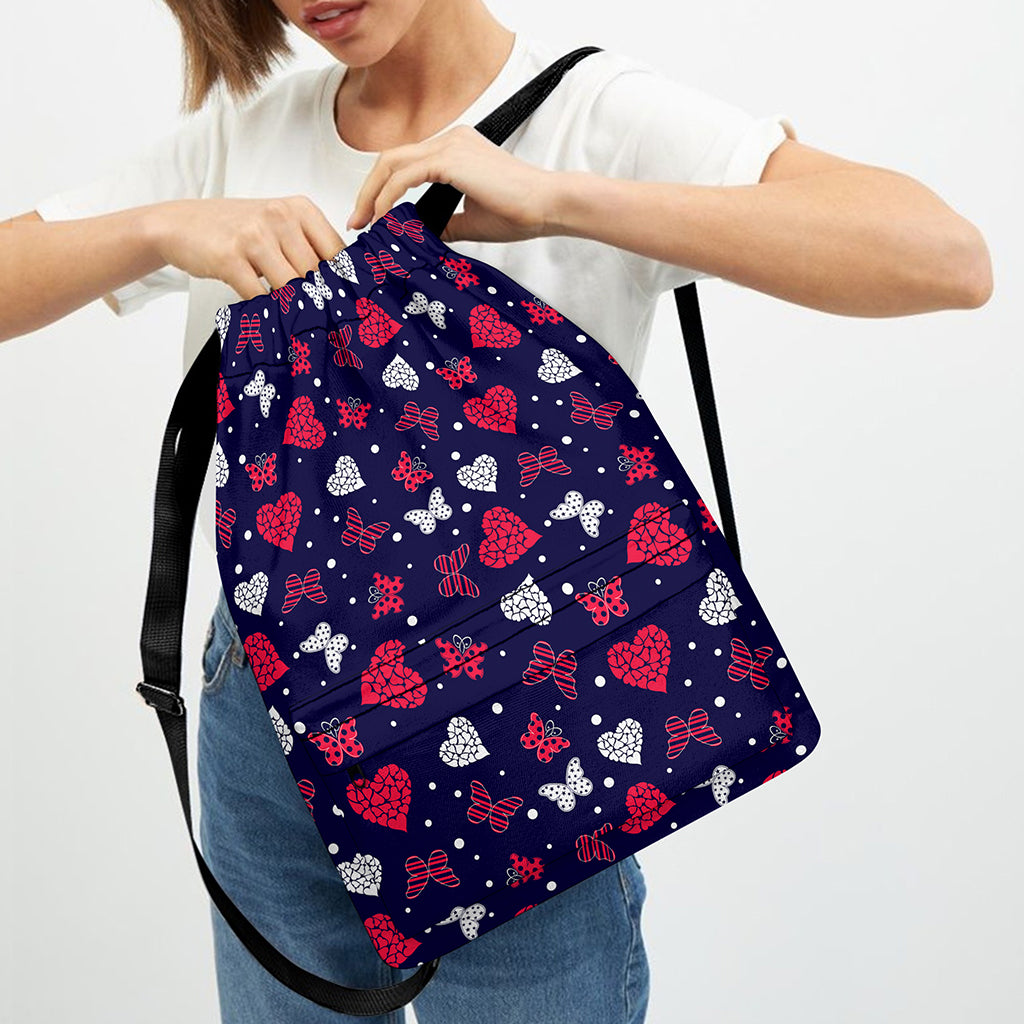 Girly Heart And Butterfly Pattern Print Drawstring Backpack