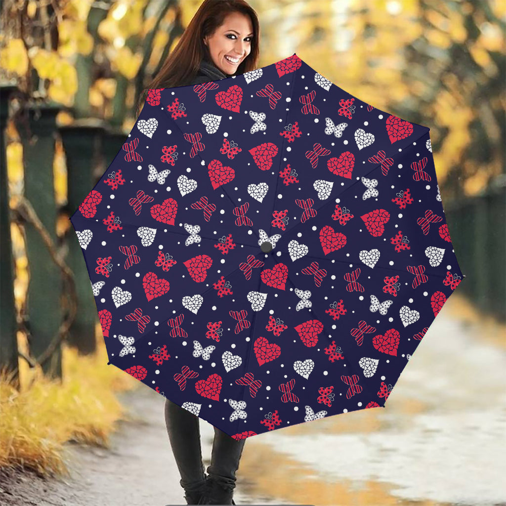 Girly Heart And Butterfly Pattern Print Foldable Umbrella