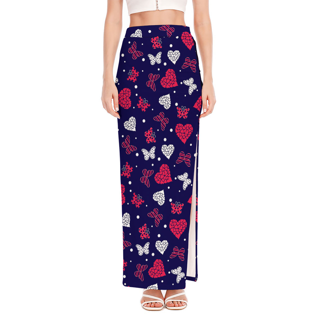 Girly Heart And Butterfly Pattern Print High Slit Maxi Skirt