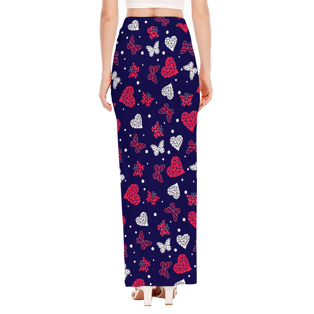 Girly Heart And Butterfly Pattern Print High Slit Maxi Skirt