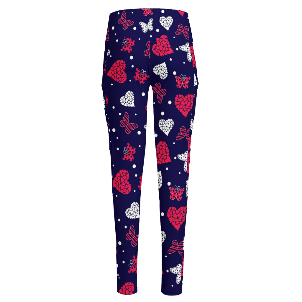 Girly Heart And Butterfly Pattern Print High-Waisted Pocket Leggings