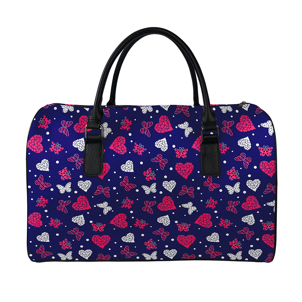Girly Heart And Butterfly Pattern Print Leather Duffle Bag