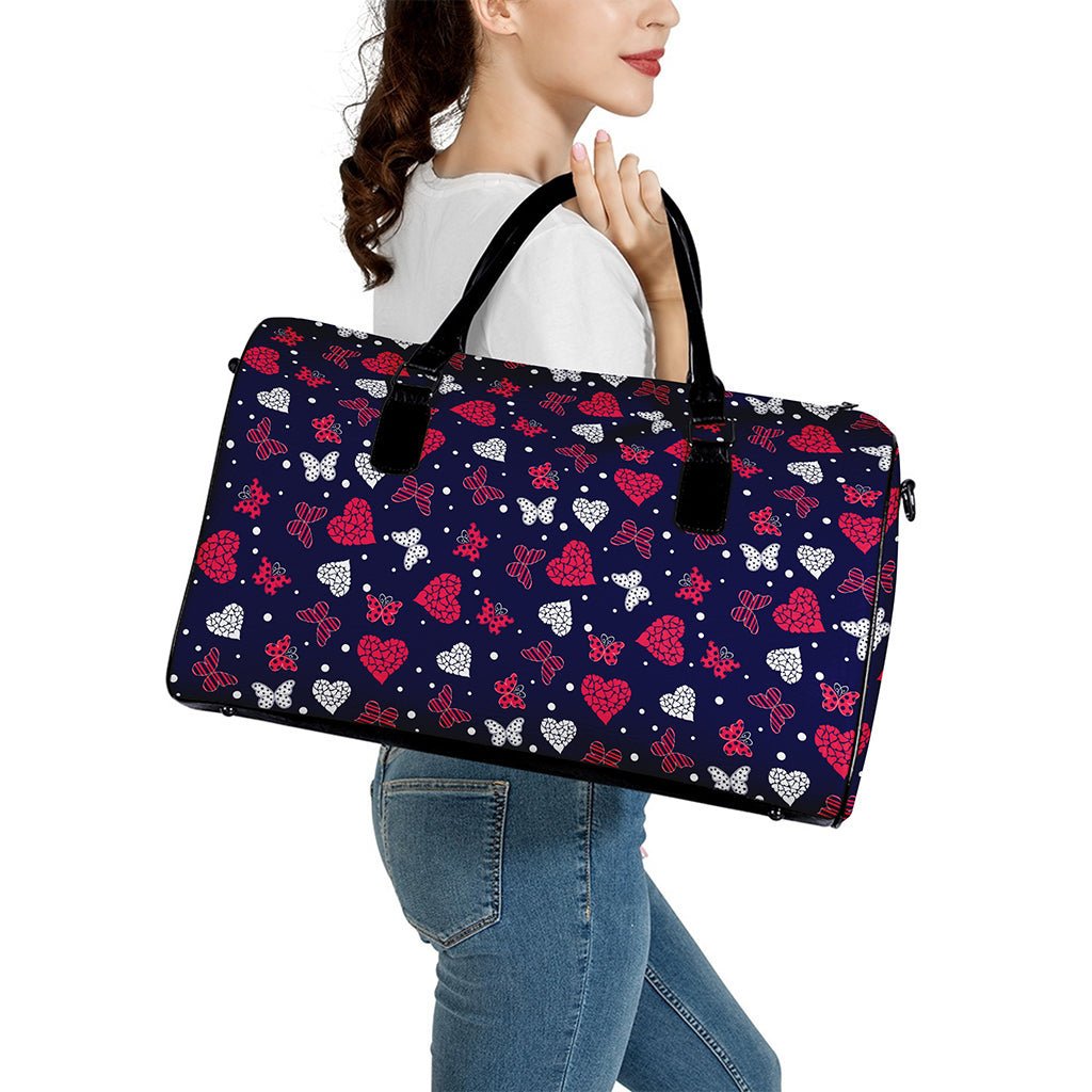 Girly Heart And Butterfly Pattern Print Leather Duffle Bag