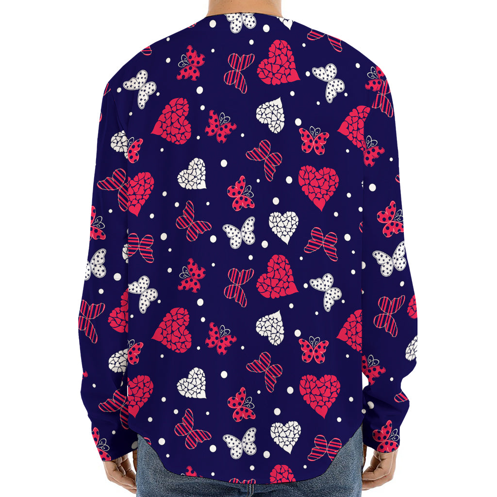 Girly Heart And Butterfly Pattern Print Long Sleeve Baseball Jersey