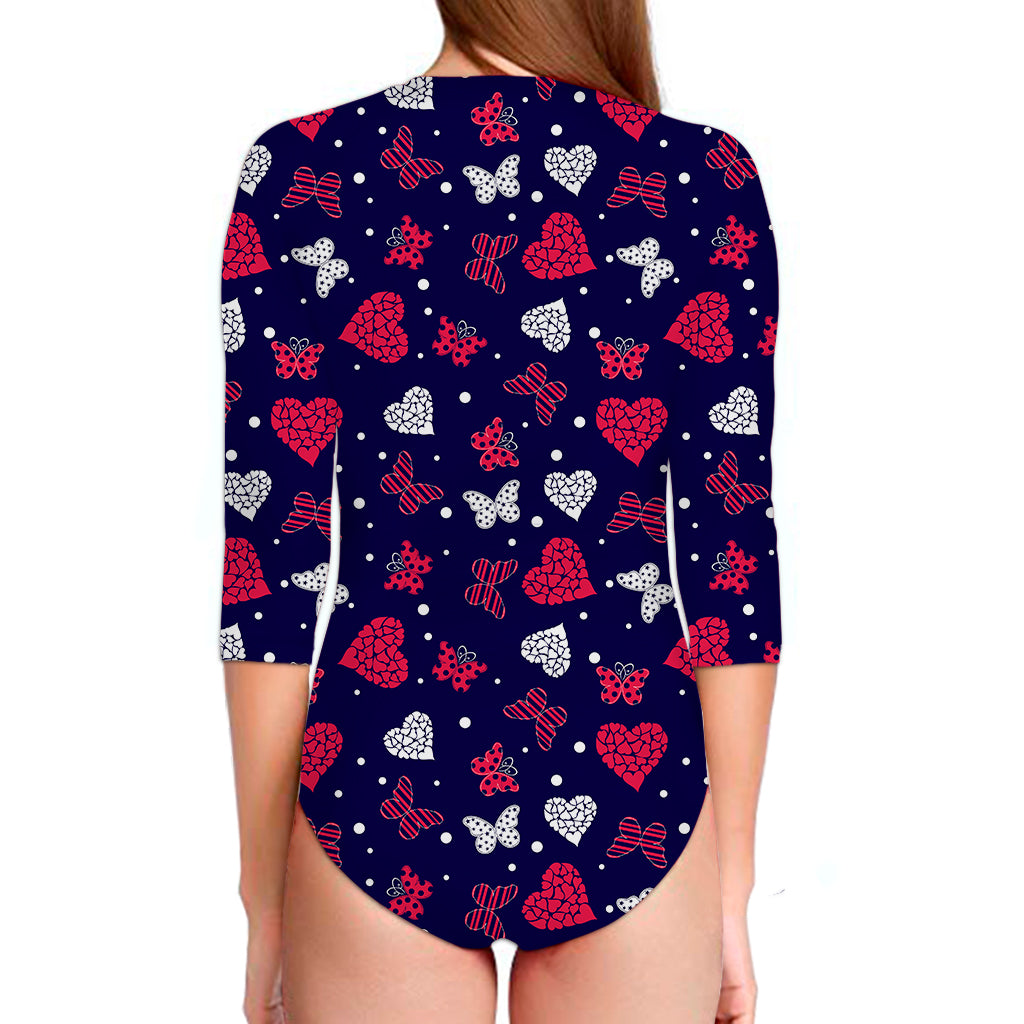 Girly Heart And Butterfly Pattern Print Long Sleeve Swimsuit