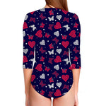 Girly Heart And Butterfly Pattern Print Long Sleeve Swimsuit