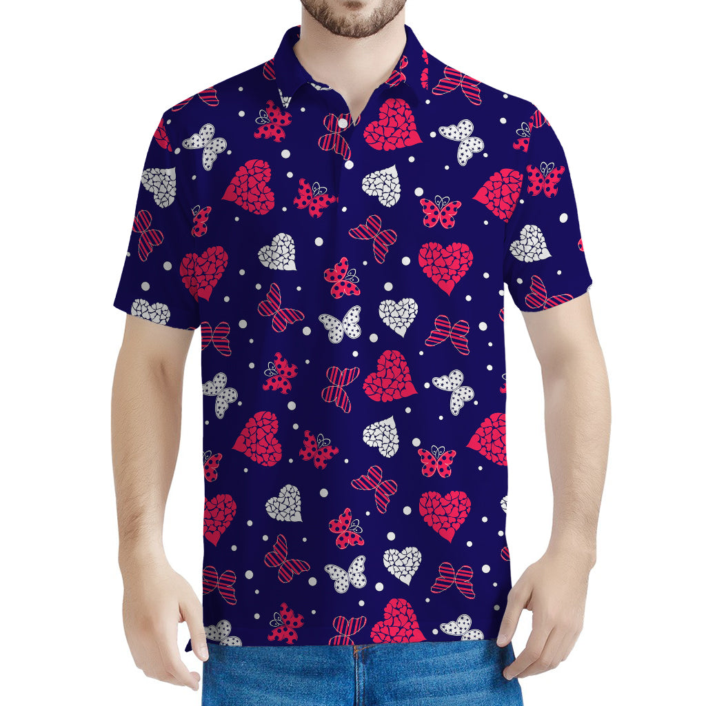 Girly Heart And Butterfly Pattern Print Men's Polo Shirt