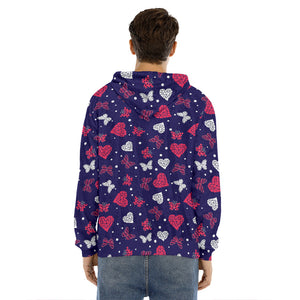 Girly Heart And Butterfly Pattern Print Men's Velvet Pullover Hoodie