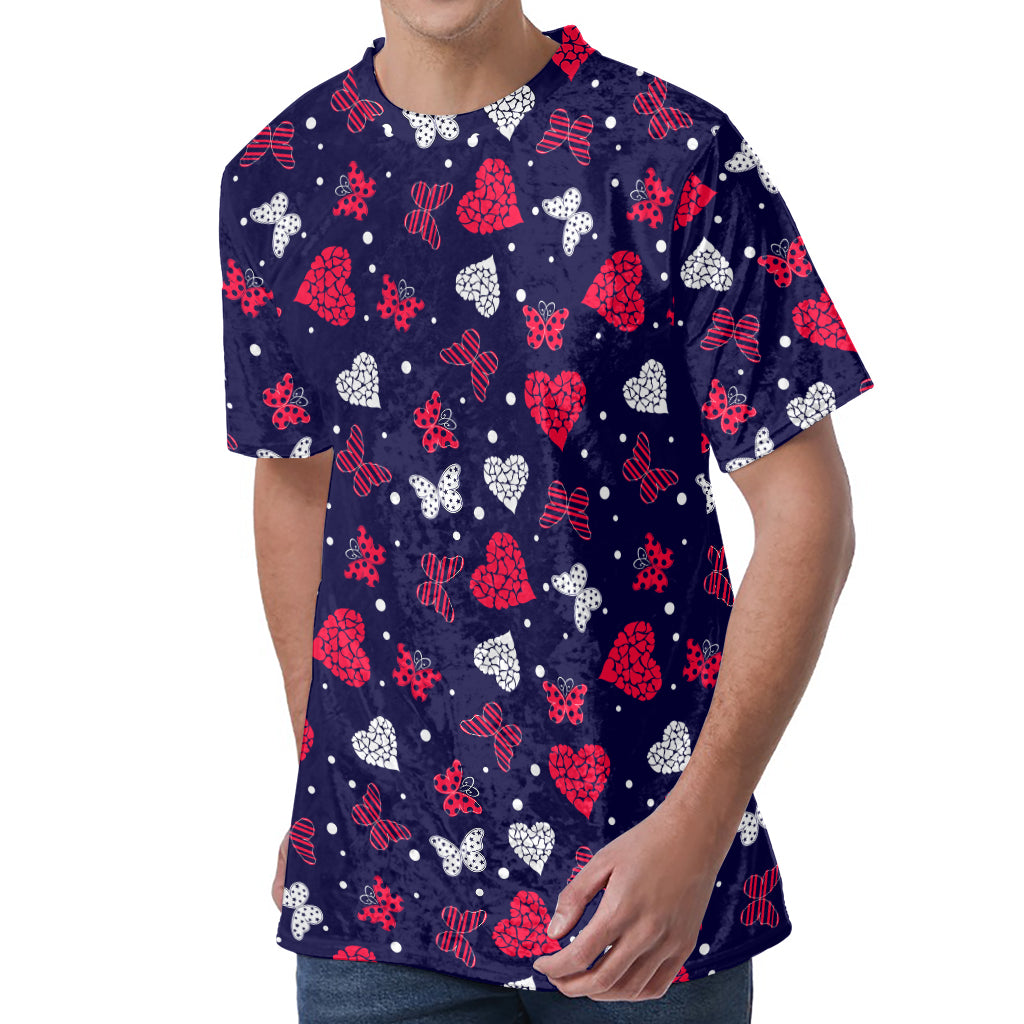 Girly Heart And Butterfly Pattern Print Men's Velvet T-Shirt