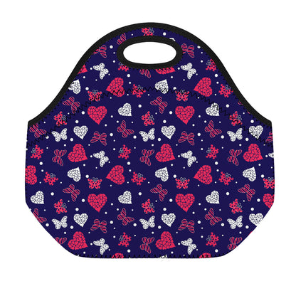 Girly Heart And Butterfly Pattern Print Neoprene Lunch Bag